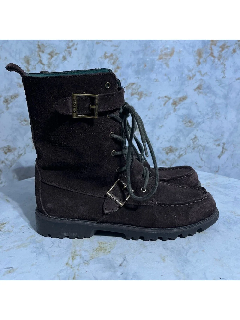 Polo Ralph Lauren Ranger Youth Kids Size 6M Shoes Brown Green Suede Buckle Boots
